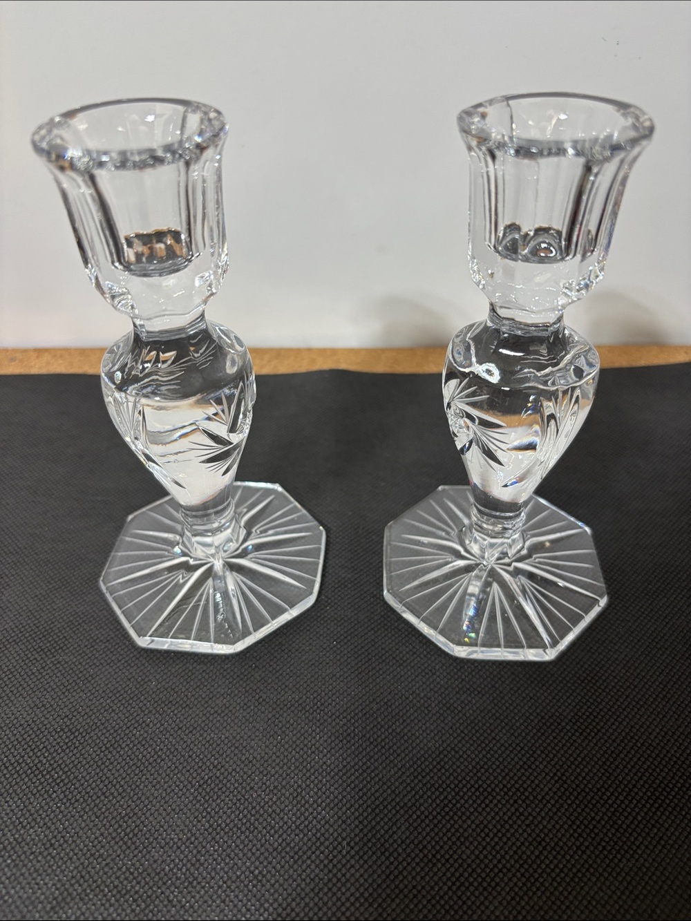 Pair of Cut Glass Candlestick Holders Clear Glass 6” Crystal Design